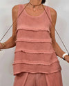 Women Round Neck Splicing Top + Pants Casual Suit