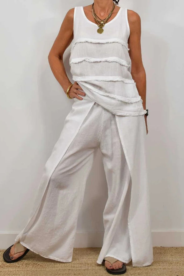 Women Round Neck Splicing Top + Pants Casual Suit