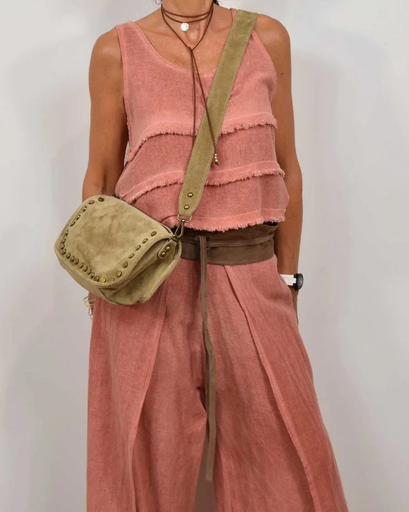 Women Round Neck Splicing Top + Pants Casual Suit