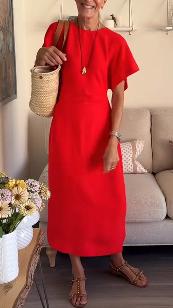 Womens Round Neck Solid Color Temperament Casual Dress