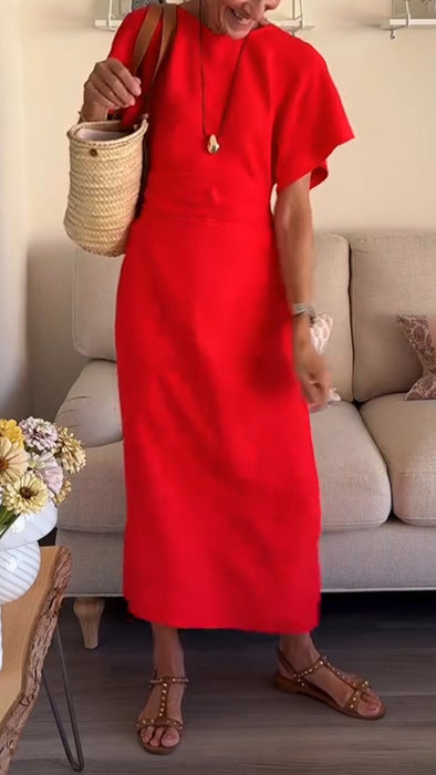 Womens Round Neck Solid Color Temperament Casual Dress