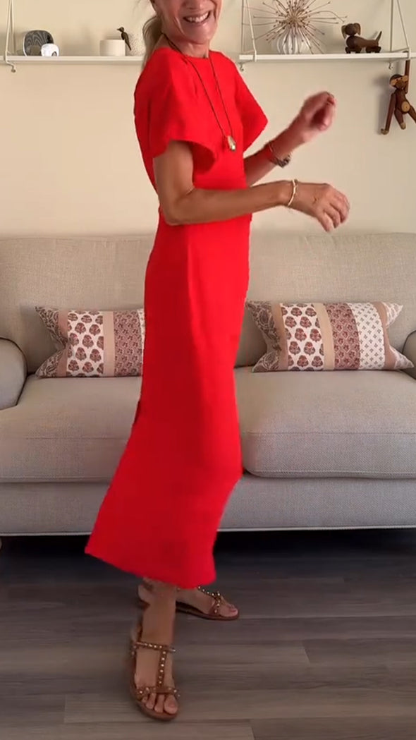 Womens Round Neck Solid Color Temperament Casual Dress