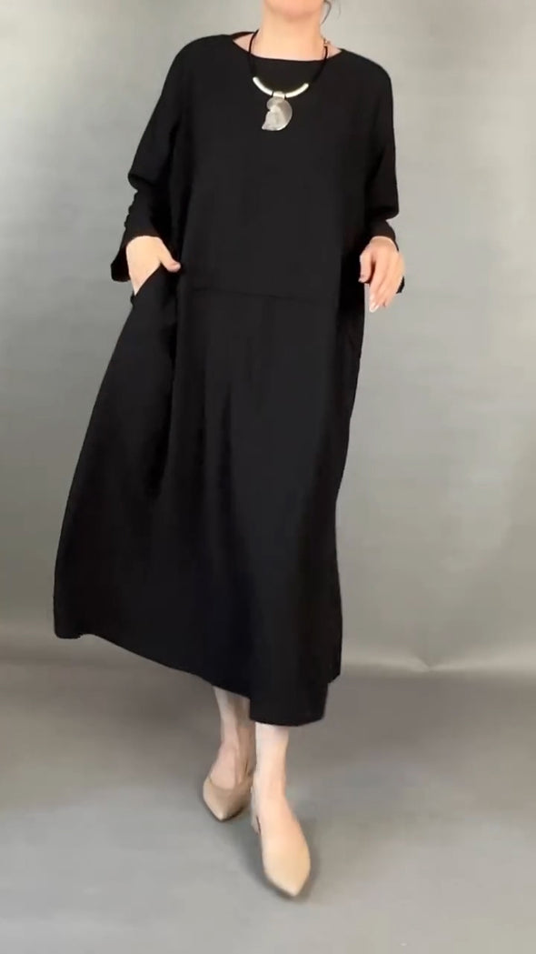 Women Round Neck Solid Color Loose Casual Dress