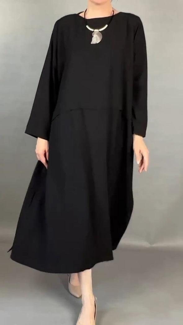 Women Round Neck Solid Color Loose Casual Dress
