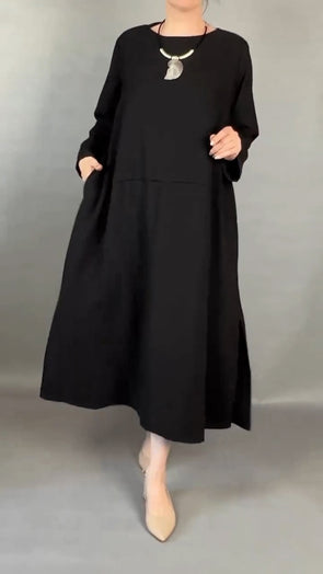 Women Round Neck Solid Color Loose Casual Dress