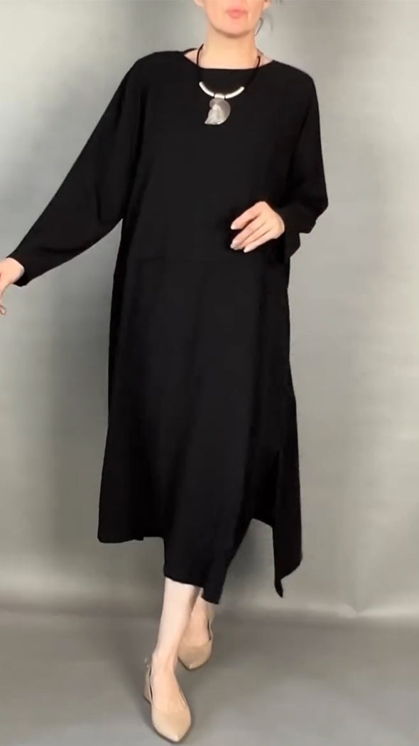 Women Round Neck Solid Color Loose Casual Dress