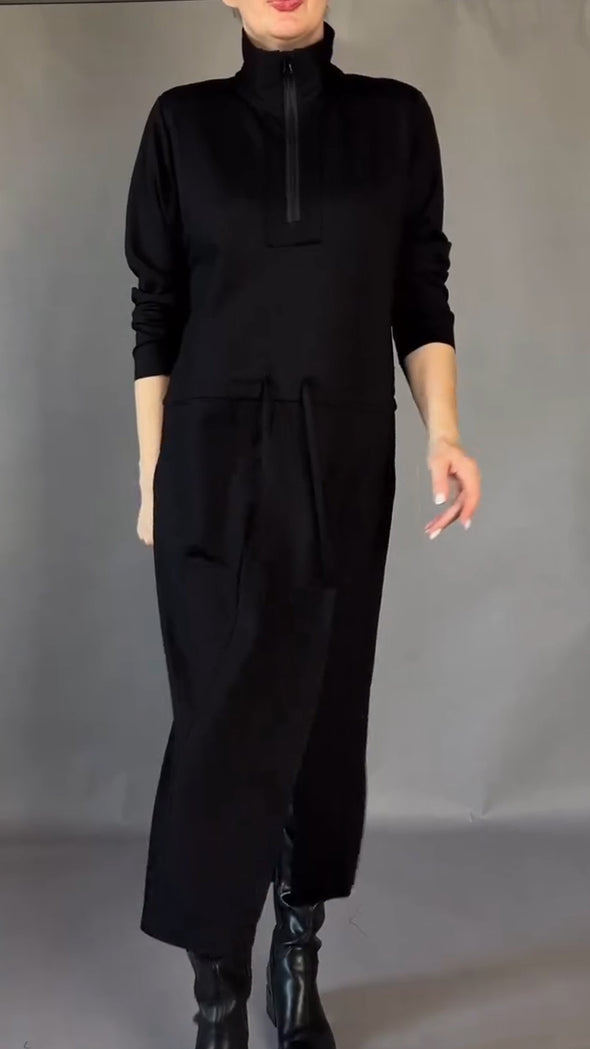 Womens Lapel Zipper Waist Drawstring Loose Casual Dress