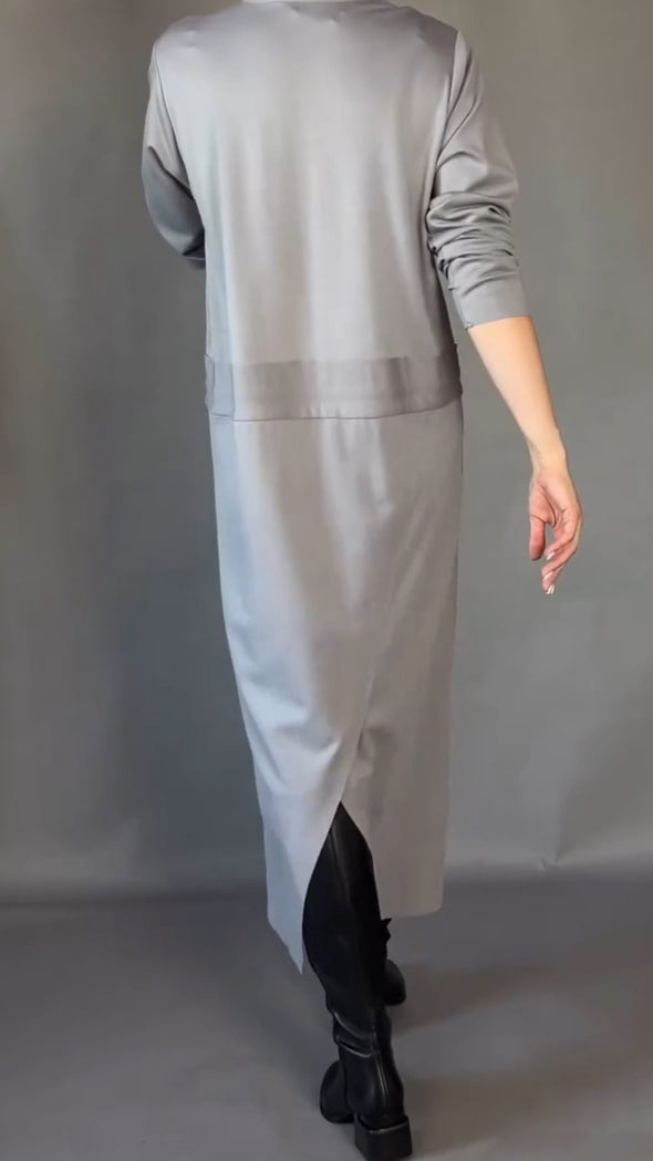 Womens Lapel Zipper Waist Drawstring Loose Casual Dress