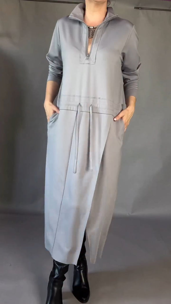 Womens Lapel Zipper Waist Drawstring Loose Casual Dress
