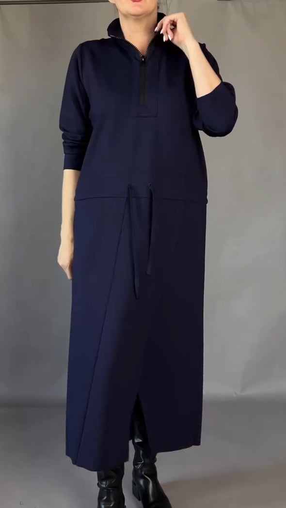 Womens Lapel Zipper Waist Drawstring Loose Casual Dress