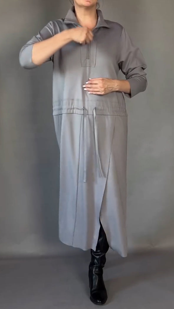 Womens Lapel Zipper Waist Drawstring Loose Casual Dress