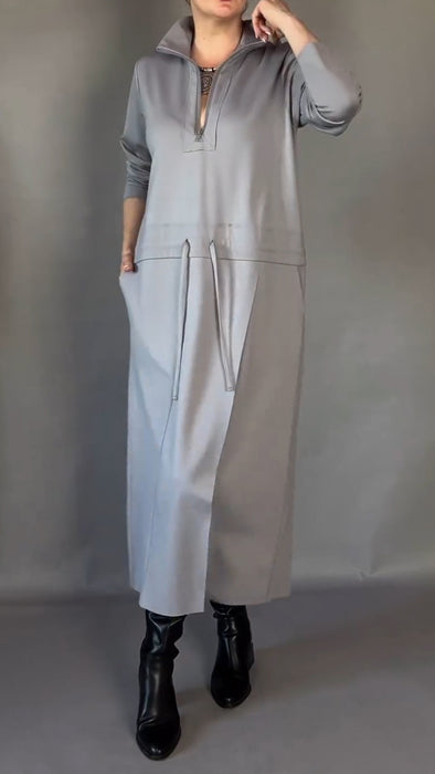 Womens Lapel Zipper Waist Drawstring Loose Casual Dress