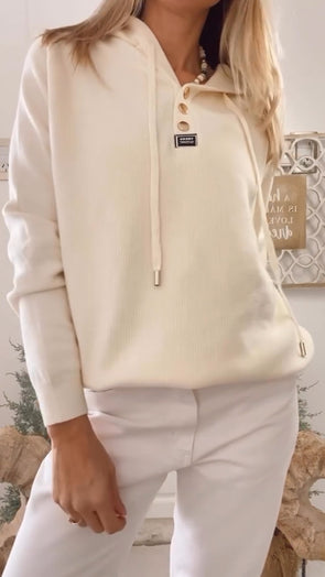 Women Round Neck Hooded Drawstring Casual Top