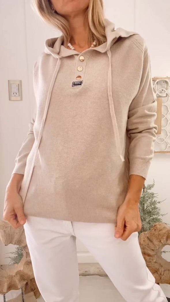 Women Round Neck Hooded Drawstring Casual Top