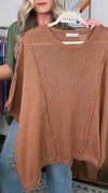 Women Round Neck Solid Color Spliced Casual Top