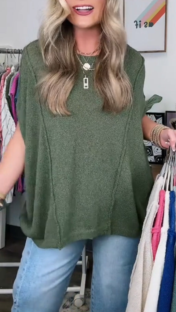 Women Round Neck Solid Color Spliced Casual Top
