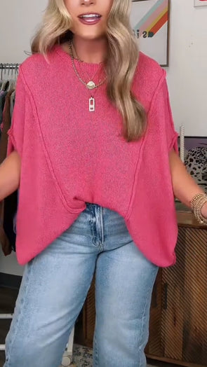 Women Round Neck Solid Color Spliced Casual Top