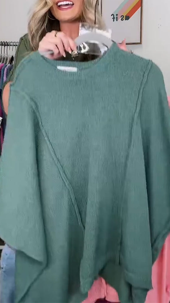 Women Round Neck Solid Color Spliced Casual Top