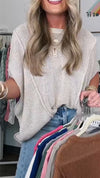 Women Round Neck Solid Color Spliced Casual Top