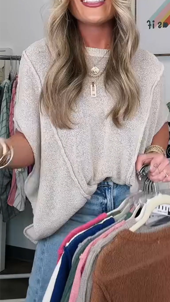Women Round Neck Solid Color Spliced Casual Top