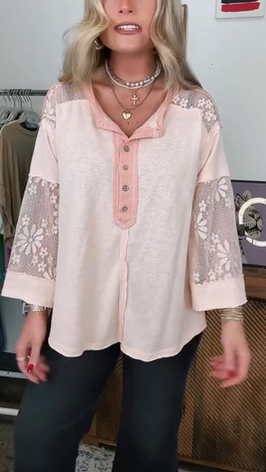 Womens Lapel Splicing Printed Hollow Casual Top
