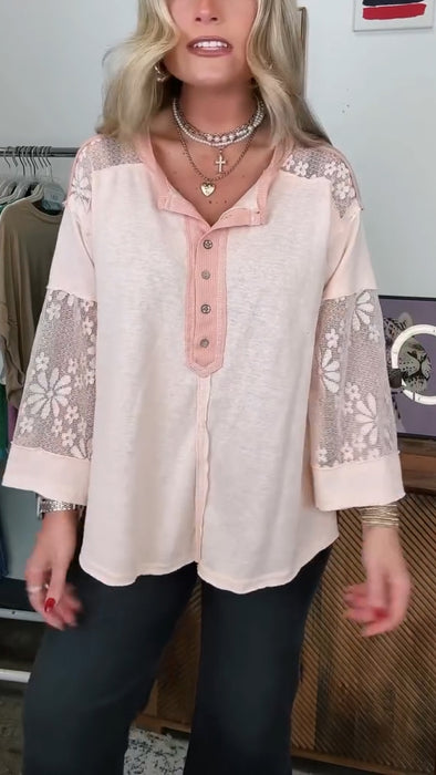 Womens Lapel Splicing Printed Hollow Casual Top