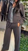 Womens Round Neck Hooded Spliced Zipper Coat + Pants Casual Suit