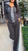 Womens Round Neck Hooded Spliced Zipper Coat + Pants Casual Suit