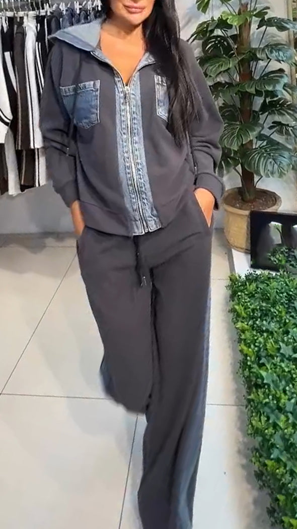 Womens Round Neck Hooded Spliced Zipper Coat + Pants Casual Suit