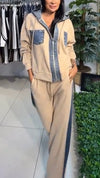 Womens Round Neck Hooded Spliced Zipper Coat + Pants Casual Suit