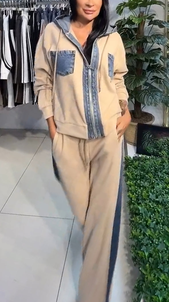 Womens Round Neck Hooded Spliced Zipper Coat + Pants Casual Suit