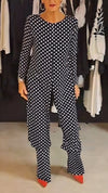 Women Round Neck Polka Dot Slit Top + Pants Casual Suit