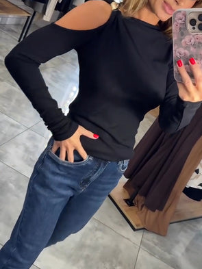Women Round Neck Shoulder Hollow Casual Top