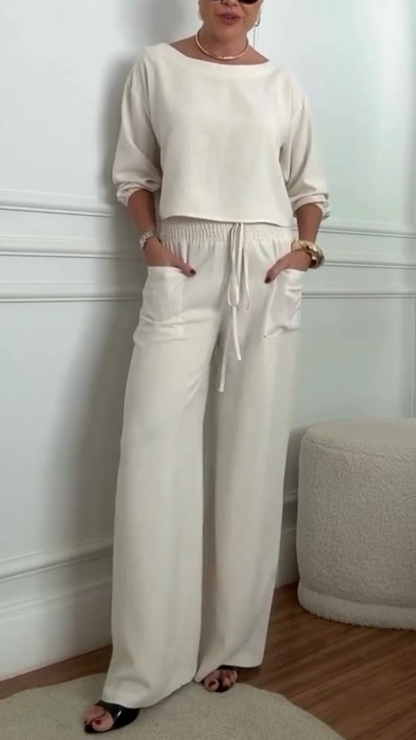 Women Round Neck Top + Drawstring Pants Solid Color Casual Suit