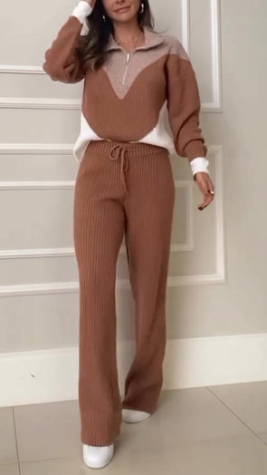 Womens Lapel Knitted Contrasting Color Casual Suit