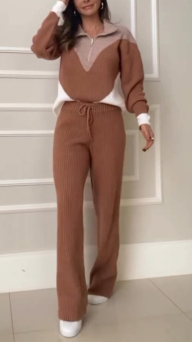 Womens Lapel Knitted Contrasting Color Casual Suit