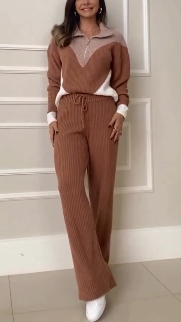 Womens Lapel Knitted Contrasting Color Casual Suit