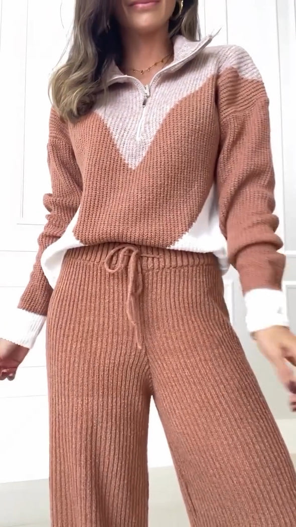 Womens Lapel Knitted Contrasting Color Casual Suit