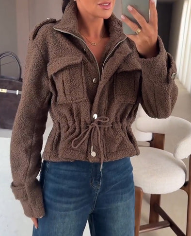 Women's Fur Lapel Zipper Drawstring Waist Jacket