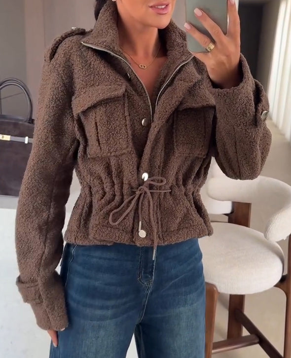 Women's Fur Lapel Zipper Drawstring Waist Jacket