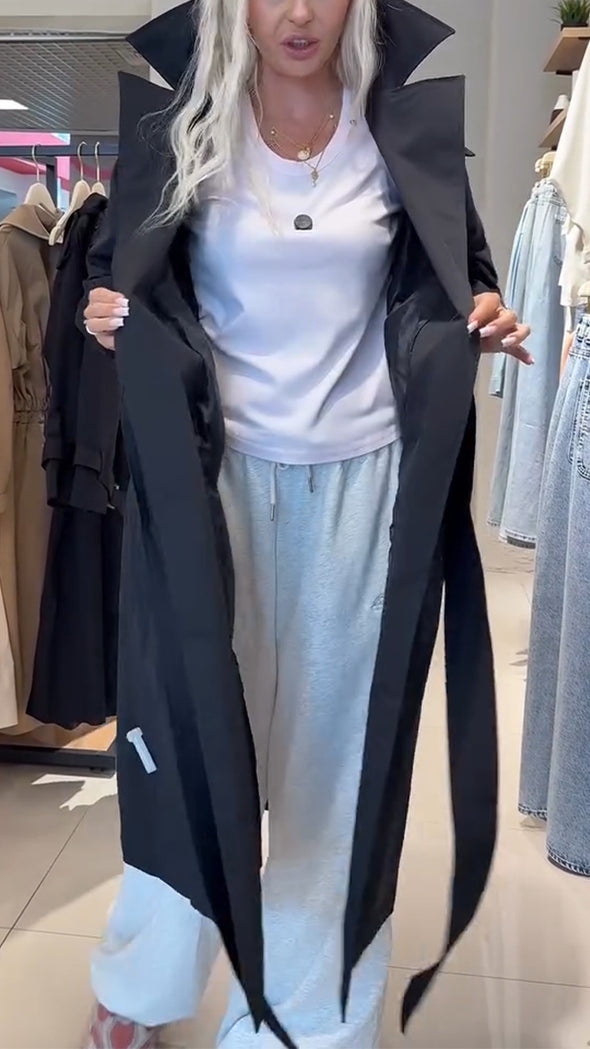 Women Lapel Waist-closing Solid Color Casual Coat