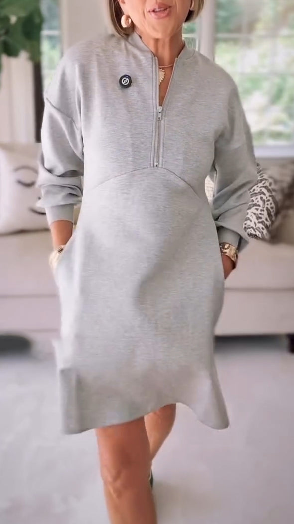 Womens Round Neck Zipper Spliced Casual Dress