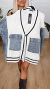 Womens Knitted Sweater Spliced Denim Casual Cardigan