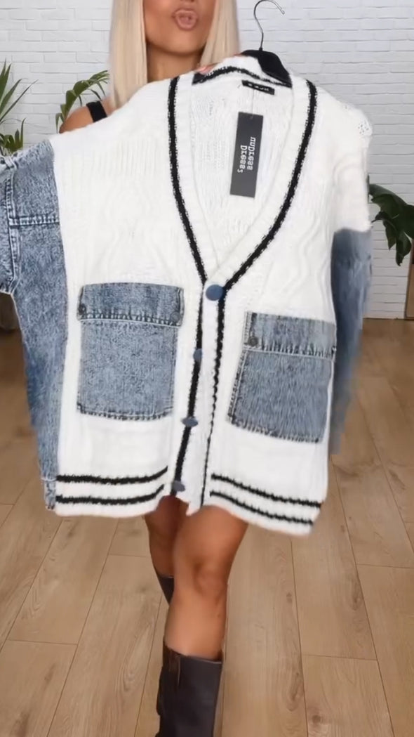 Womens Knitted Sweater Spliced Denim Casual Cardigan