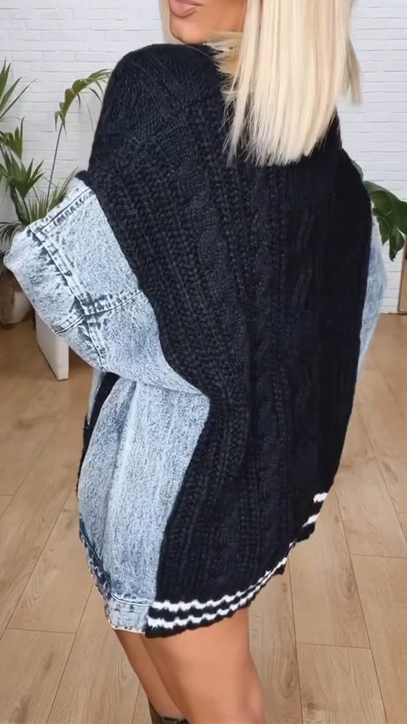 Womens Knitted Sweater Spliced Denim Casual Cardigan