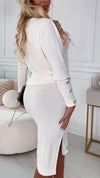 Women Round Neckline Button Decoration + Slit Skirt Casual Suit