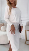 Women Round Neckline Button Decoration + Slit Skirt Casual Suit