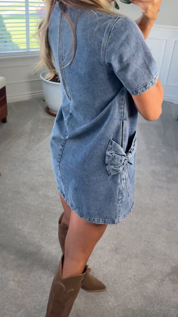 Womens Round Neck Bow Pocket Casual Denim Dress