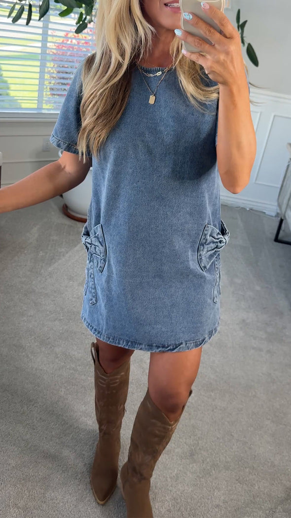 Womens Round Neck Bow Pocket Casual Denim Dress