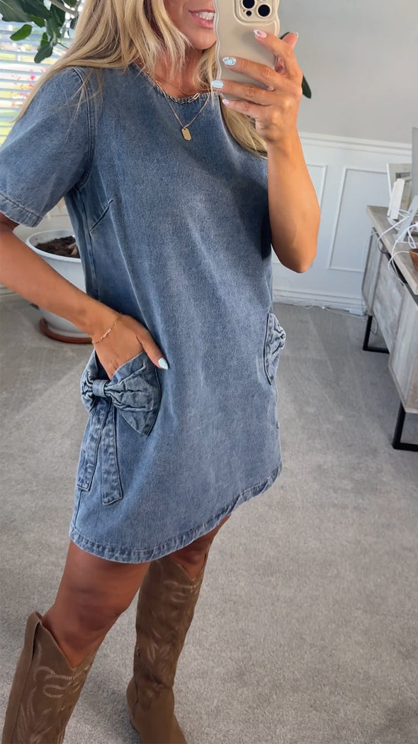 Womens Round Neck Bow Pocket Casual Denim Dress